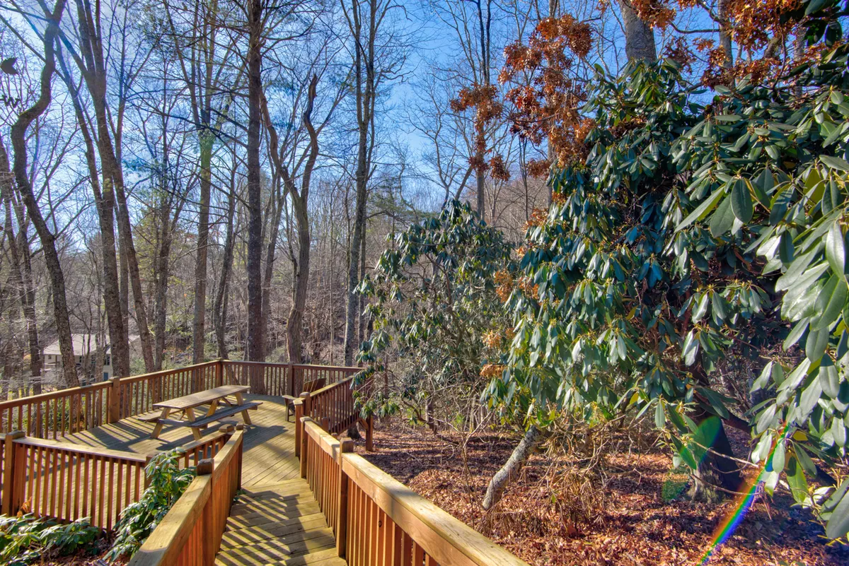 An exterior shot showcasing a serene wooden deck with a picnic table nestled among lush green foliage and tall trees. The space feels secluded and spacious, perfect for both dog play and peaceful moments surrounded by nature.