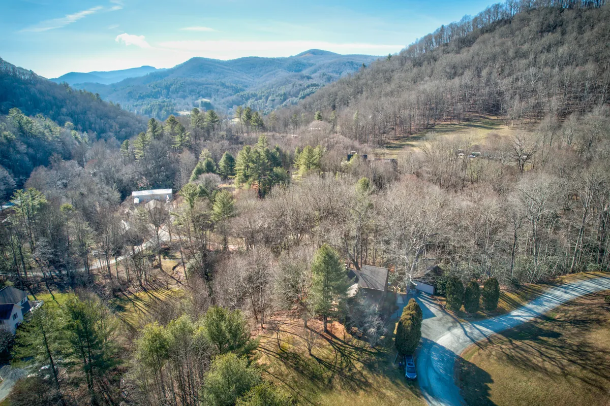 A sweeping view of the Blue Ridge Mountains, with a cleared area and driveway leading into the scenic expanse. The landscape is lush and green, with the mountains forming a stunning backdrop, evoking a sense of adventure and connection to nature.