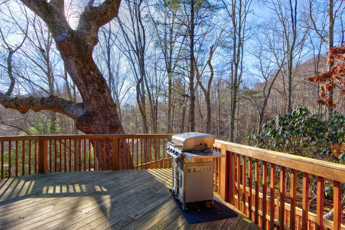 This image displays a wooden deck nestled among large trees and surrounded by forest, featuring a grill that hints at outdoor barbecues and a relaxed atmosphere. The scene suggests the potential for outdoor dining, casual gatherings, and enjoying nature firsthand.